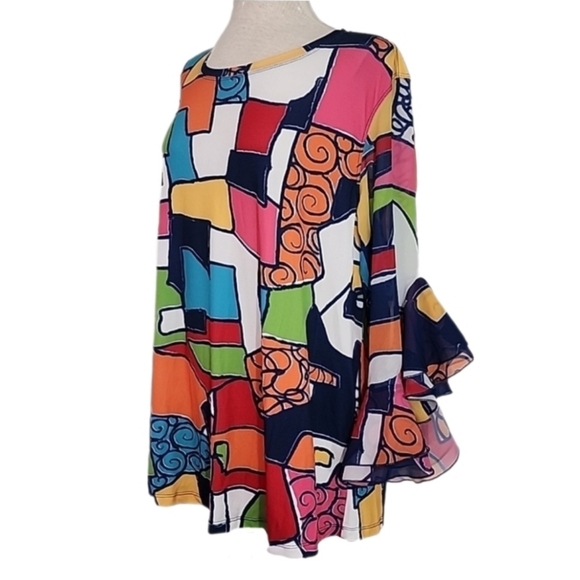 Multiples Blouse Colorful Ruffled Bell Sleeve Colorblock Multi Red Plus Size 1X - Picture 1 of 12